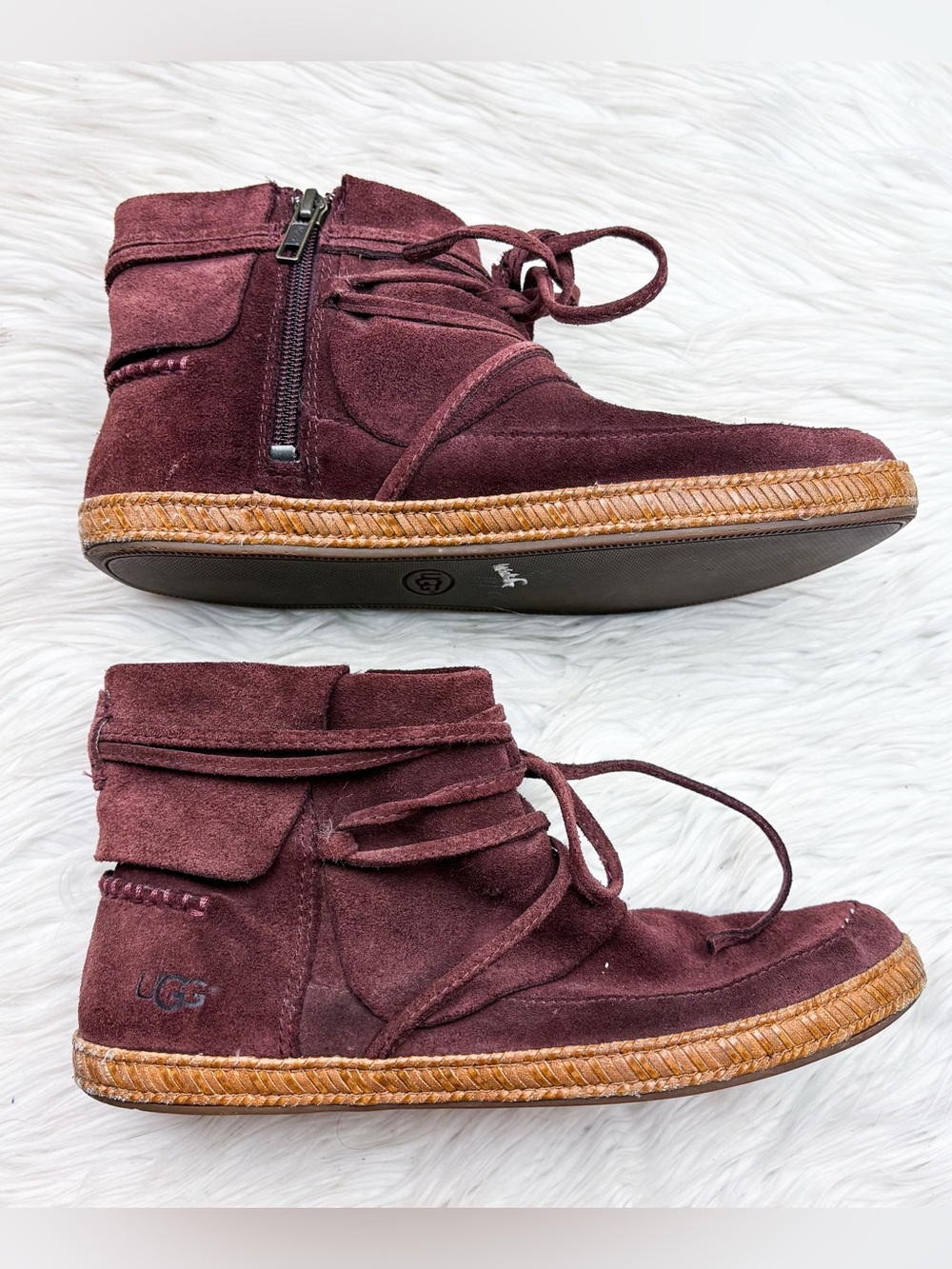 UGG Reid Ankle Boots Wine Maroon Burgundy Suede Leather Mocassin Tie Womens 7.5 - Picture 4 of 10